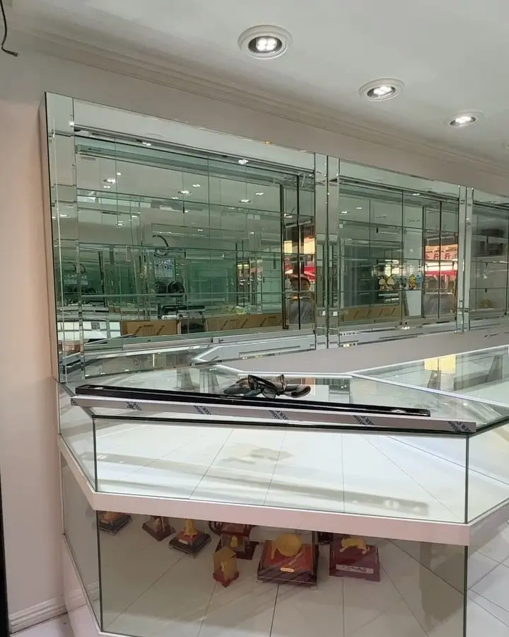 Glass display cases and mirrors in a jewelry store